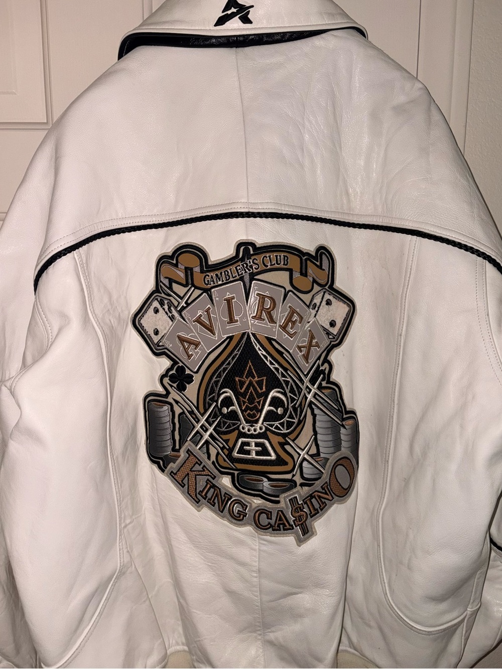 Avirex White Leather Bomber Jacket with Embroidered Casino Crest